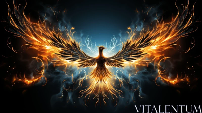 Fiery Phoenix on Dark Blue Background AI Image