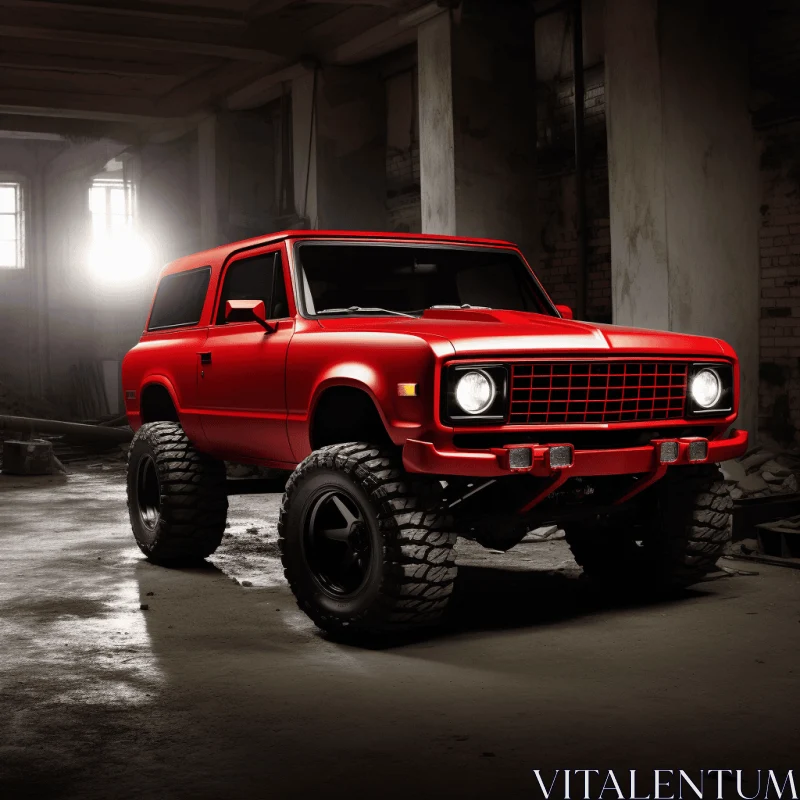 Meticulously Rendered Red Jeep with Big Wheels in Dark Space AI Image