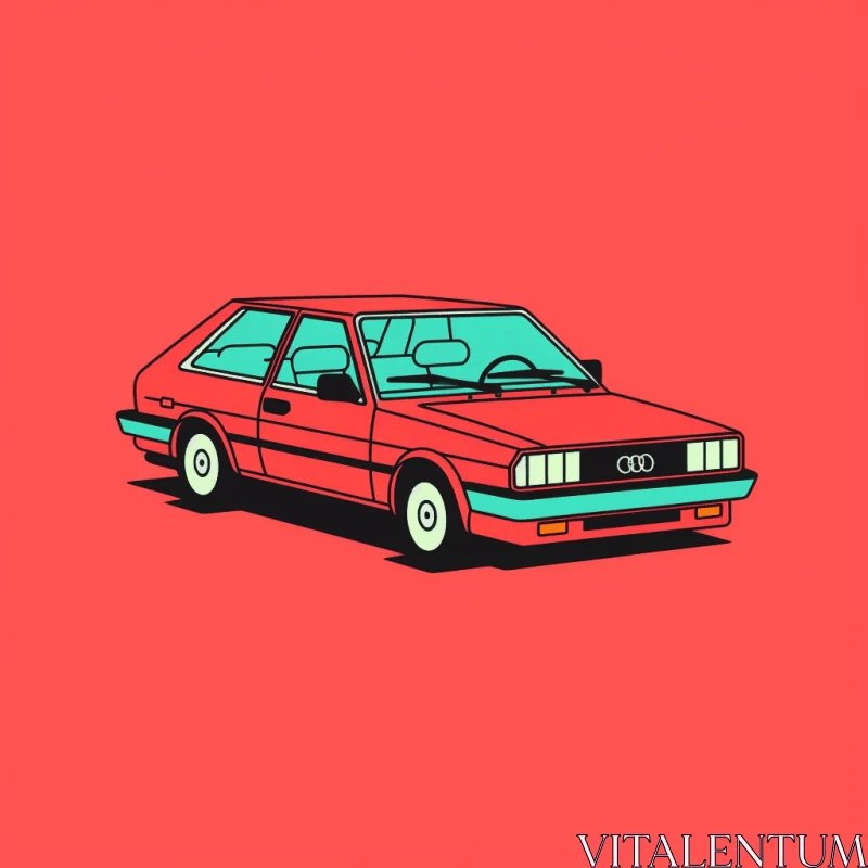 Vibrant Car Illustration on Red Background - 1980s Minimalistic Art AI Image