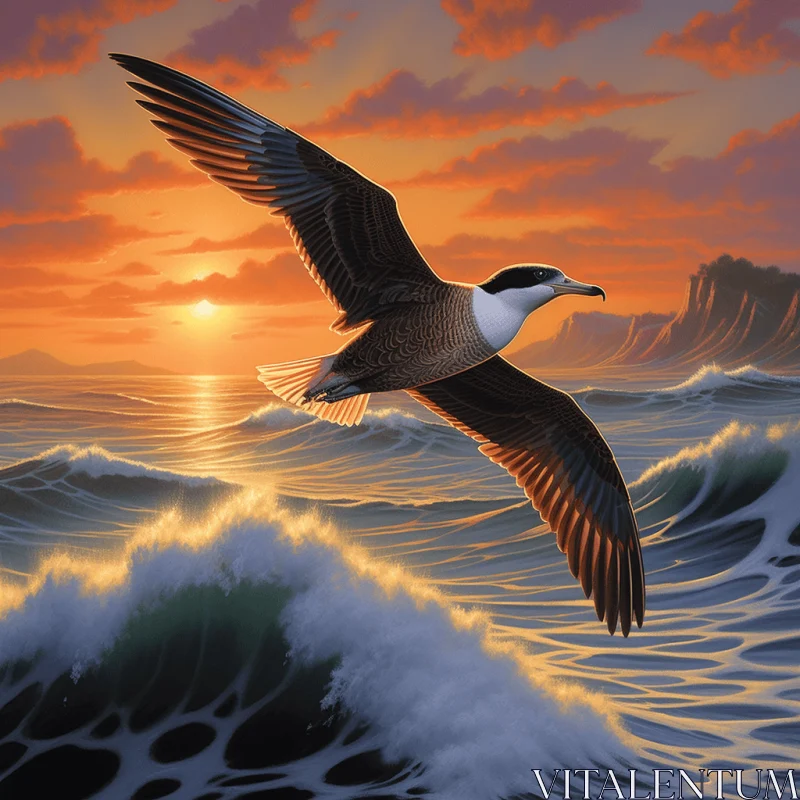 Bird Soaring Over Waves at Sunset - Detailed Illustration AI Image