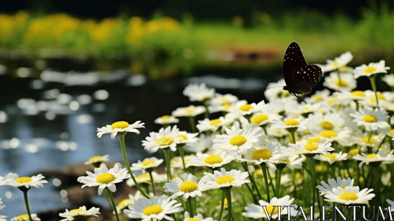 Butterfly Over Daisies: A Tranquil Garden Scene AI Image