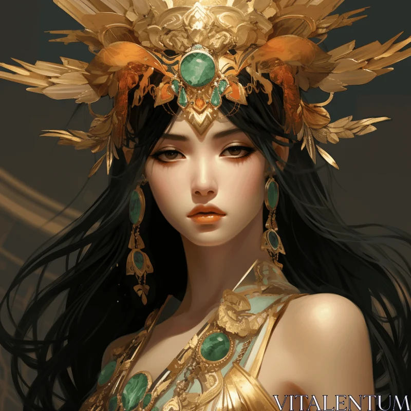 Fantasy Artwork: Asian Girl with Gold Headdress AI Image
