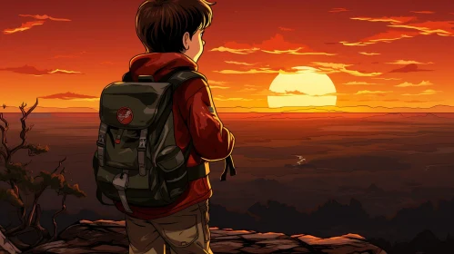 Boy on Cliff Watching Sunset - Nature Cartoon Illustration