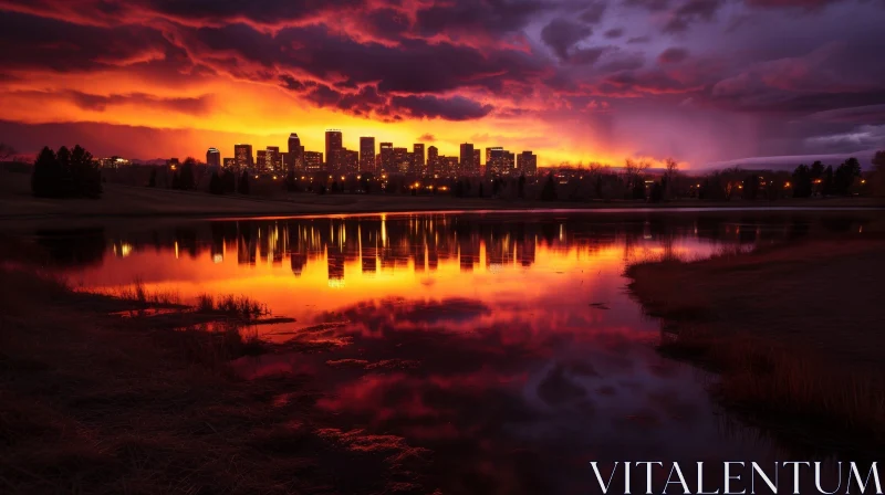 AI ART Denver Cityscape Sunset with Lake Reflection