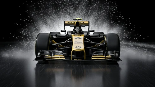 Formula 1 Racing Car in Black and Yellow with Water Splashes