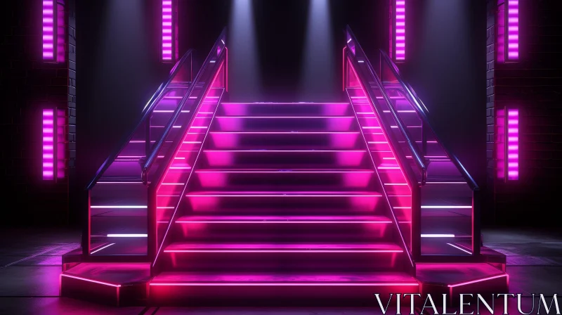 Glowing Pink Neon Staircase - 3D Rendering AI Image