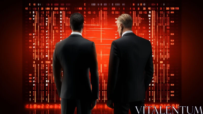 Intense Spy Scene: Men in Black Suits at Red Digital Screen AI Image