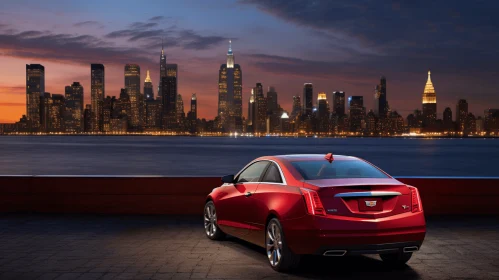 Luxurious Red Cadillac at Dusk on Rocky Shore with New York City View