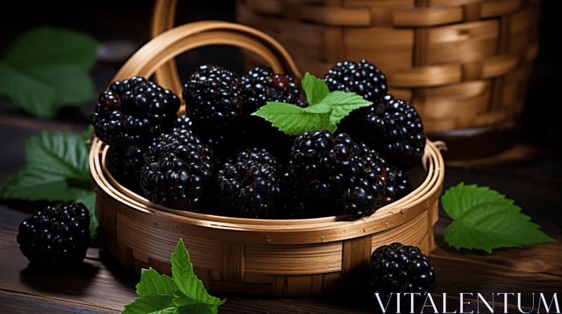 Luminous Still Life: Blackberries in a Basket on a Table AI Image