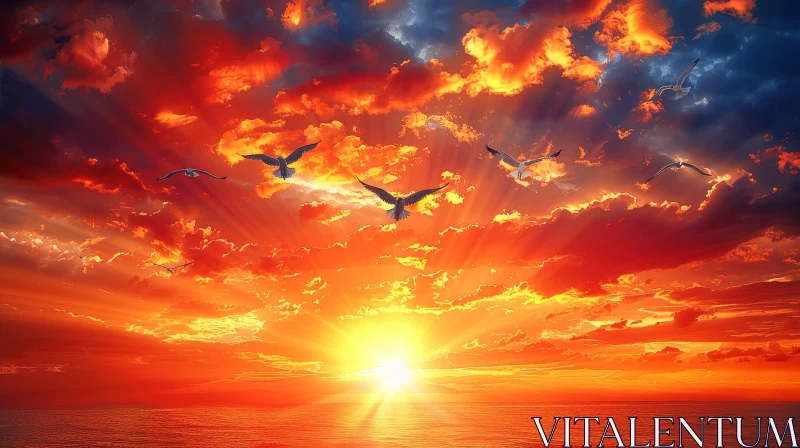 Breathtaking Sunset Over Ocean with Birds Flying AI Image
