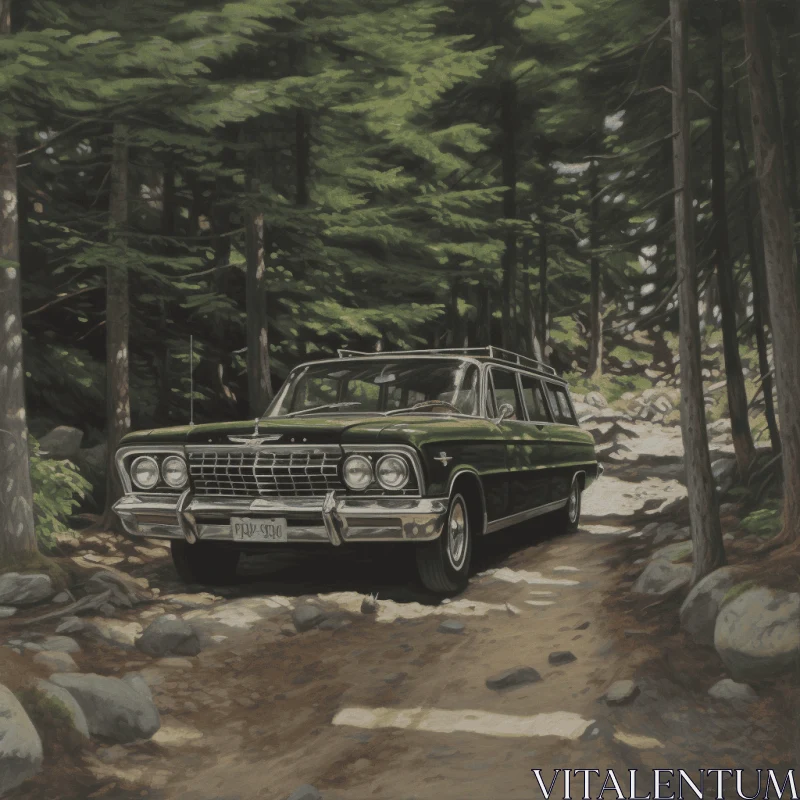 Captivating Realistic Oil Portrait: A Car Parked in the Woods AI Image