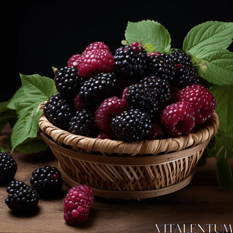 Captivating Still Life: Vibrant Black Raspberries in Wicker Basket AI Image