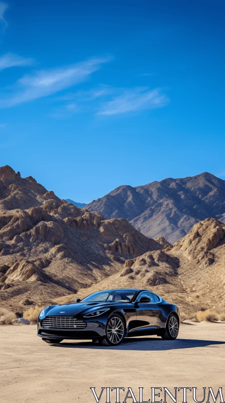 Luxurious Black Car in the Desert with Majestic Mountains AI Image