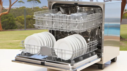 Modern Stainless Steel Dishwasher with Open Door AI Image