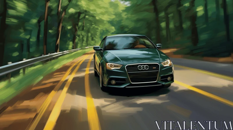 Green Audi Car on Forest Road - Detailed Portraiture AI Image