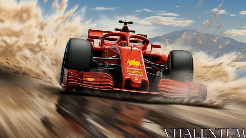 AI ART Red Formula 1 Car Racing in Desert Landscape