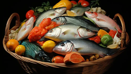 Vibrant Still Life of Fish, Fruits, and Vegetables in Wicker Basket