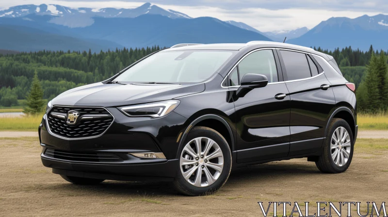 Black Buick Encore SUV in Front of Majestic Mountains AI Image