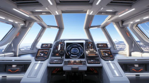 Futuristic Spaceship Interior with Control Panel and Planet View