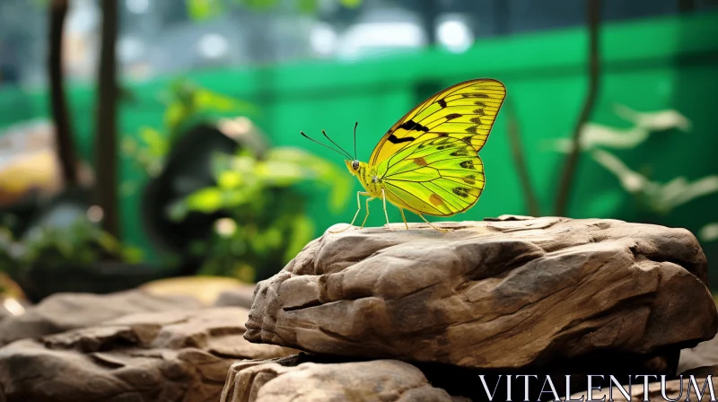 Yellow Butterfly on a Rock in Green Ambiance AI Image