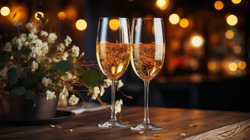Cozy Restaurant Scene with Champagne Glasses and Flowers