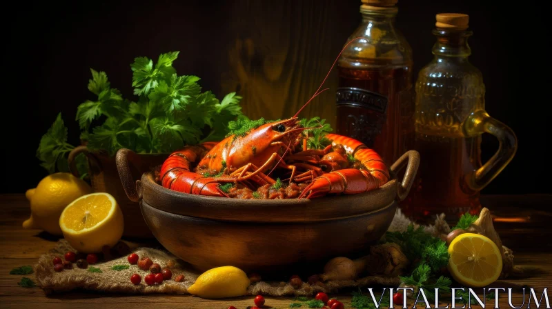 AI ART Delicious Crayfish Dish on Wooden Table