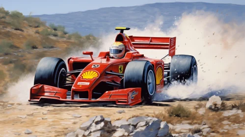 Red Formula 1 Racing Car on Dusty Road