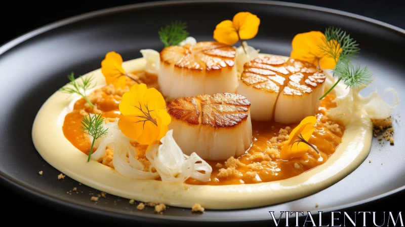 Seared Scallops on Black Plate with Cauliflower and Carrot Puree AI Image