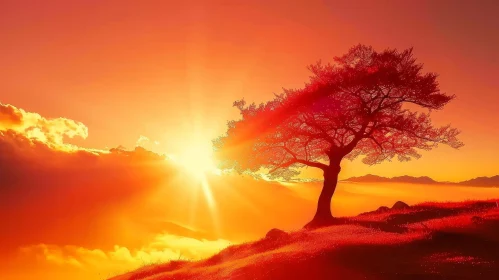 Tranquil Sunset Landscape with Tree in Full Bloom