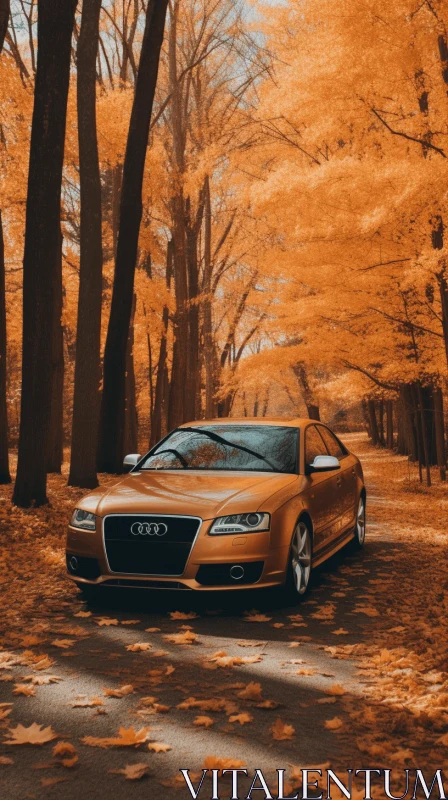 Audi Car Parked in Forest with Fallen Leaves | Dark Orange and Light Gold AI Image