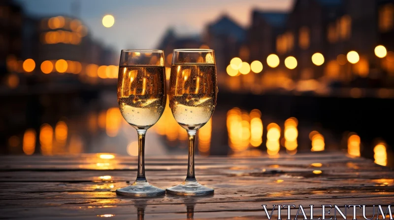 Enchanting Champagne Glasses on Wooden Railing AI Image