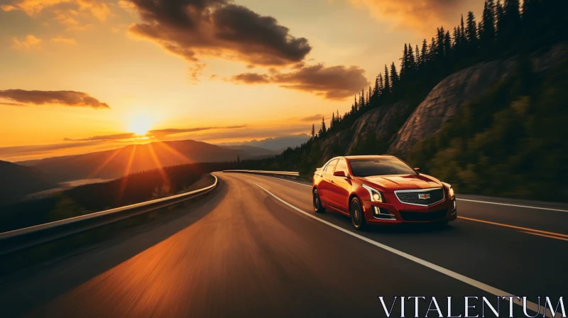 Red Cadillac SUV Driving through Forest Road at Sunset AI Image