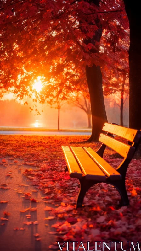 Tranquil Fall Scene: Park Bench under Vibrant Tree at Sunset AI Image
