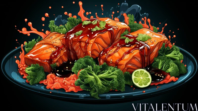 Delicious Salmon and Broccoli Plate Illustration AI Image
