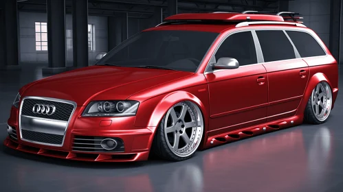 Hyper-Detailed Rendering of a Crimson Audi Wagon in a Dark Garage
