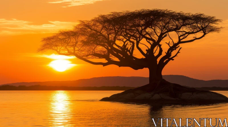 AI ART Tranquil Sunset: Majestic Tree on Lake