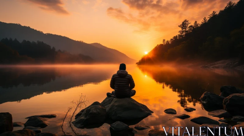 Tranquil Sunset Scene with Man on Rock in Lake AI Image