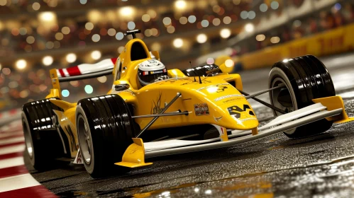 Yellow Formula 1 Race Car Speeding on Wet Track