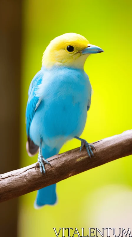 Captivating Blue Bird Perched on Branch in Light Emerald and Yellow Hues AI Image