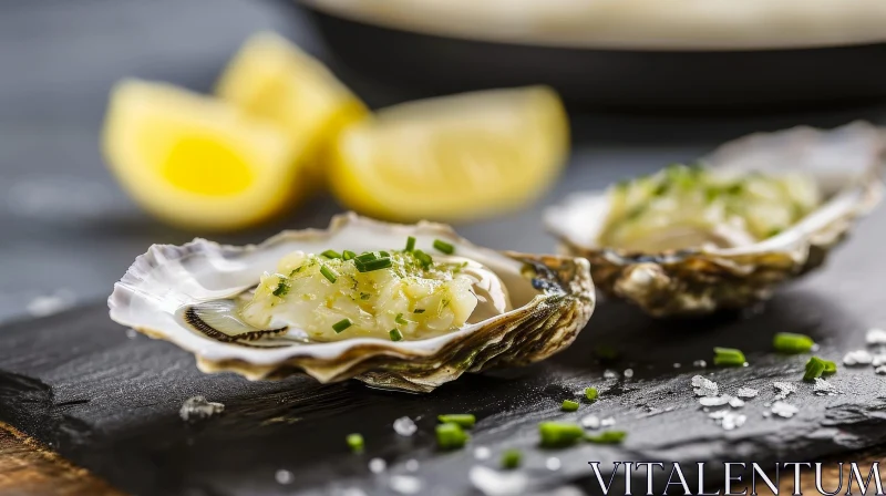 Delicious Open Oysters with Green Sauce on Slate Plate AI Image