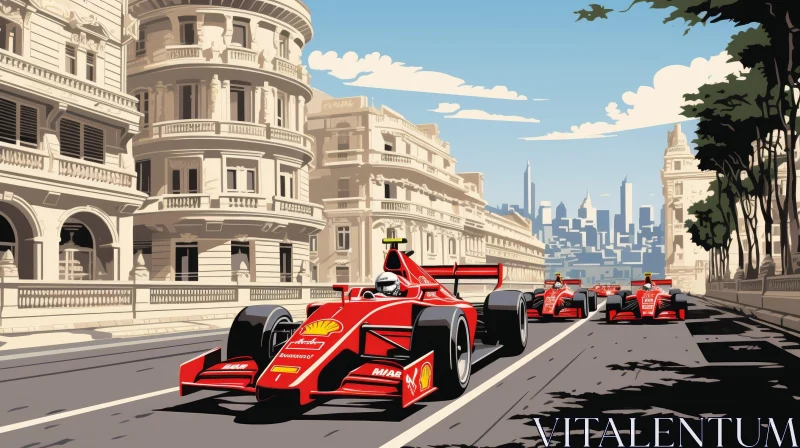 Exciting Formula 1 Race Illustration in City Setting AI Image