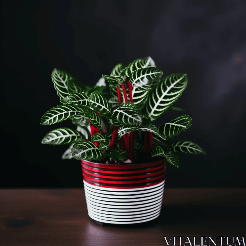Minimalist Still Life: Striped Potted Plant on Dark Background AI Image