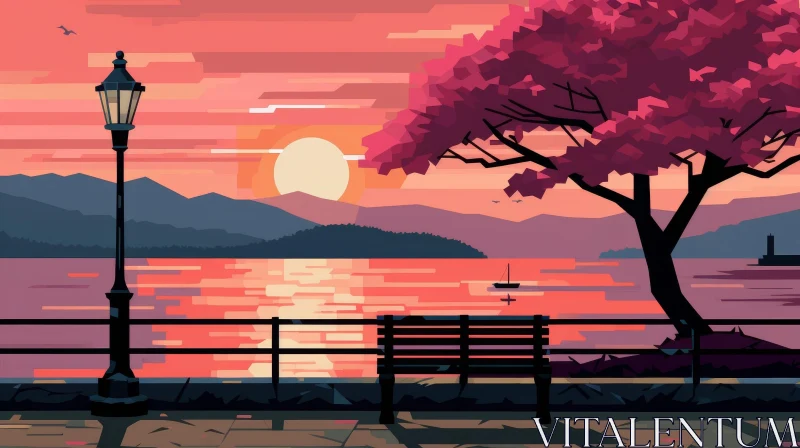 Tranquil Sunset Over Lake with Tree and Mountains AI Image
