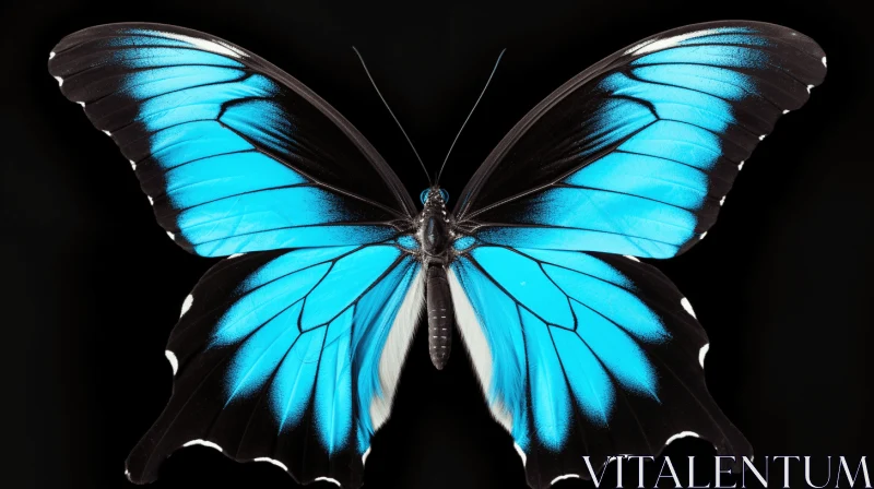 Turquoise Blue Butterfly on a Black Background AI Image