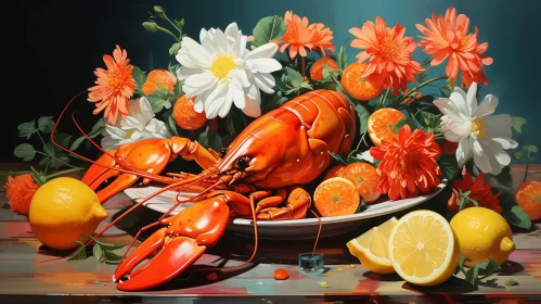 Colorful Still Life with Lobster, Flowers, and Fruits
