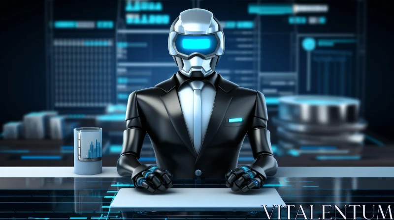 Futuristic Robot in Suit and Tie at Desk AI Image