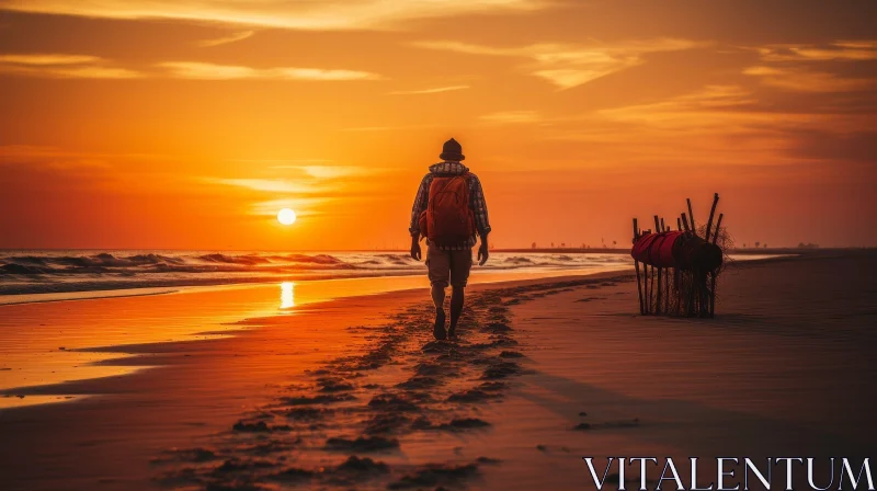 Man Walking on Beach at Sunset AI Image