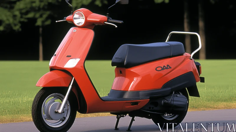 Red Moped Parked on Grassy Area | Light Orange and Light Amber AI Image