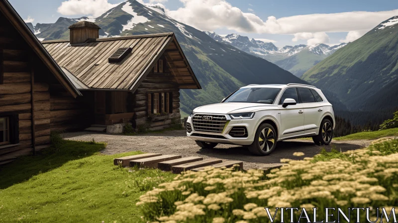 Audi Q7 in Mountain Landscape with Charming Cabin | Tabletop Photography AI Image