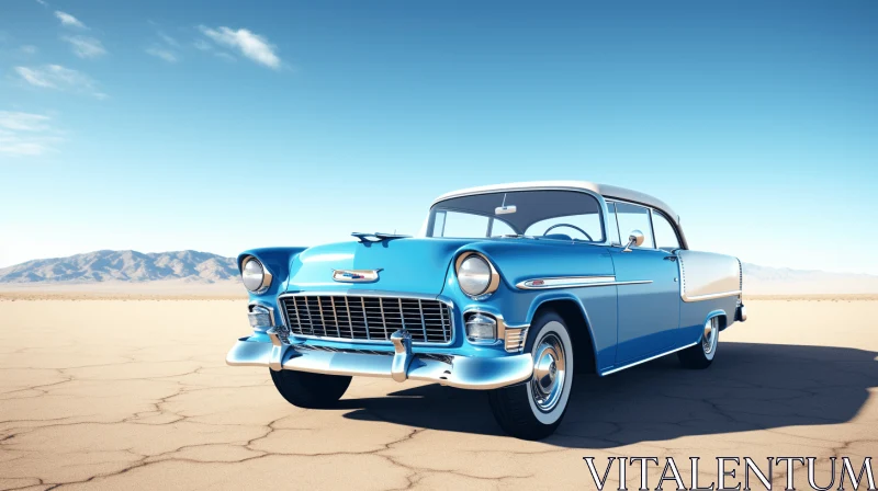 Blue Classic Car in the Desert - Realistic Rendering with Precise Detailing AI Image